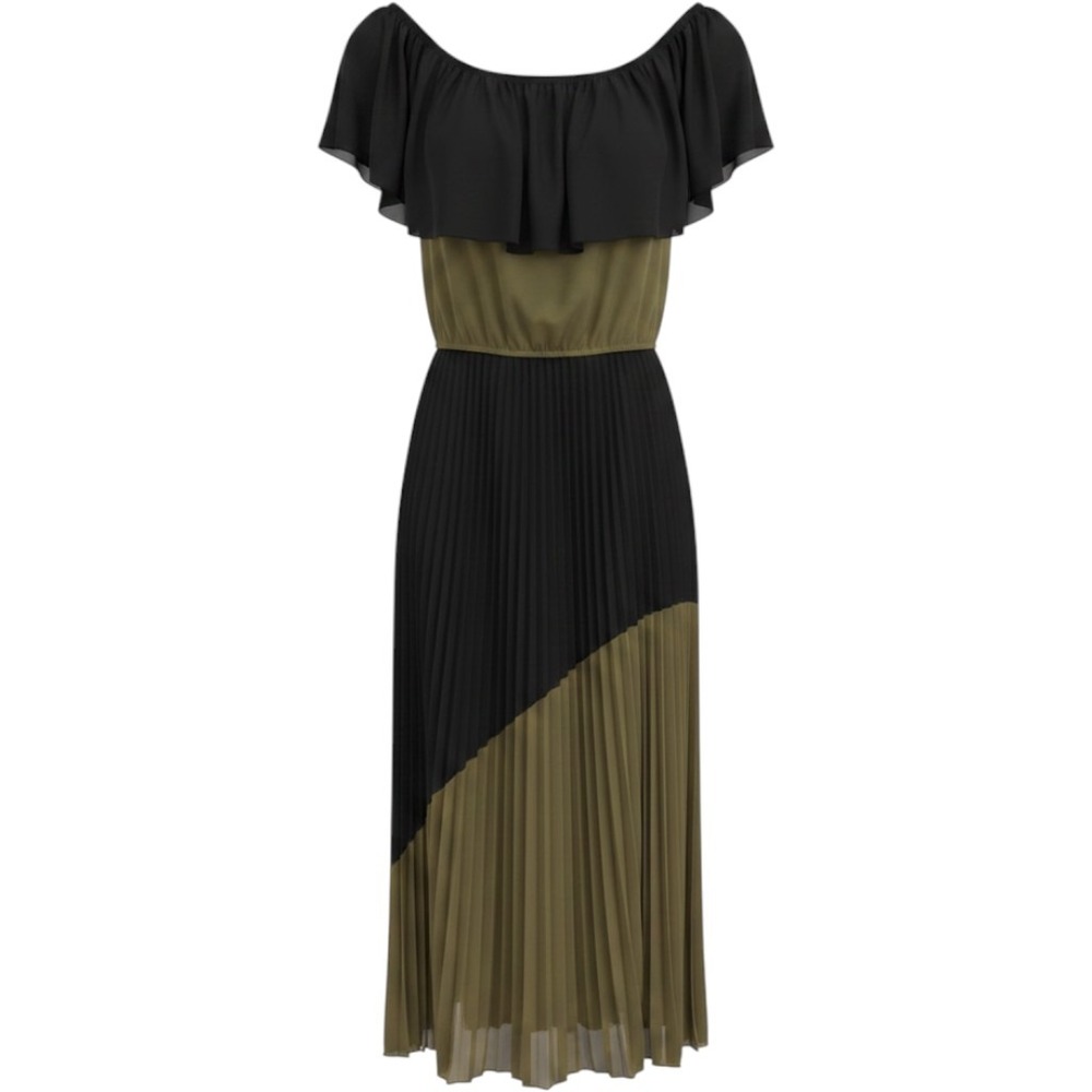 WD-NY Women Black Olive‎ Green Colorblock Pleated Off Shoulder Midi Dress Small